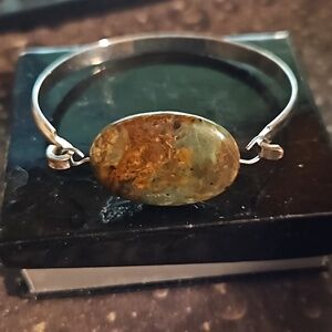 Silvertone Green Brown Stone Bracelet